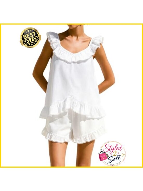 Other - 100% Cotton Ruffle Pajama Set Scoop Neck Tank & Shorts Loungewear